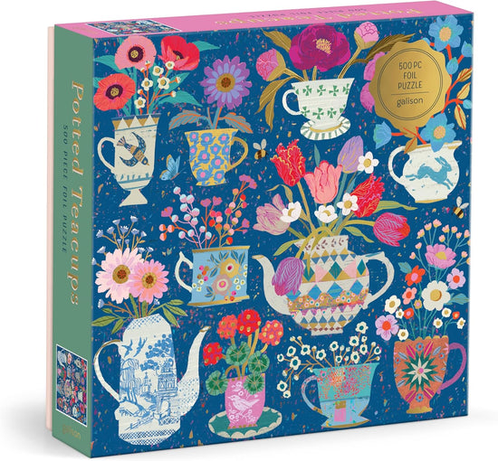 Potted Teacups – 500 Piece Foil Jigsaw Puzzle Featuring Beautiful Artwork Of Potted Teacups With Floral Background