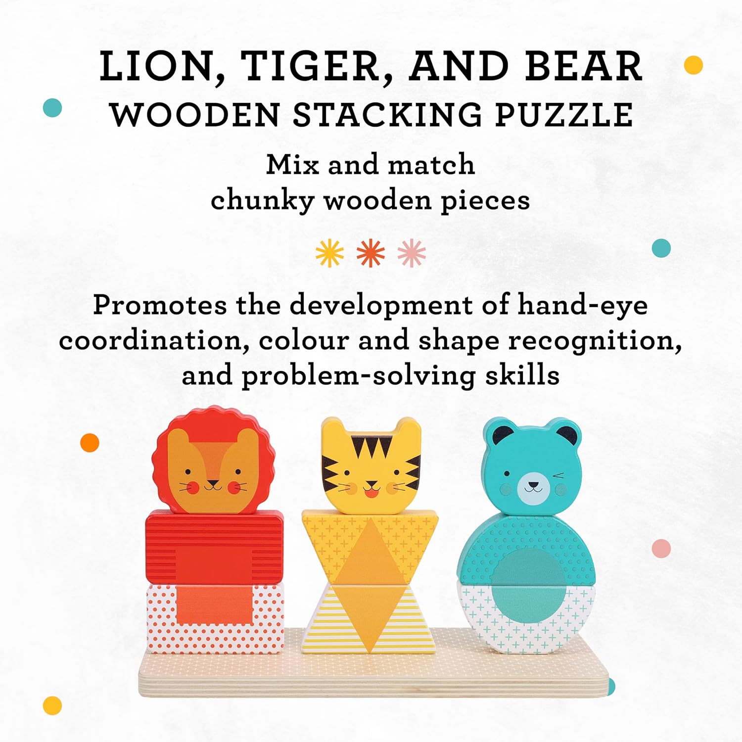 Wooden Stacking Puzzle, Lion, Tiger, and Bear