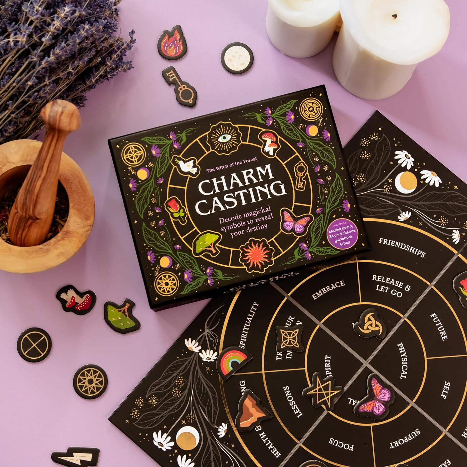 Charm Casting: Decode magickal symbols to reveal your destiny - Includes: casting board, 24 card charms, guidebook and bag