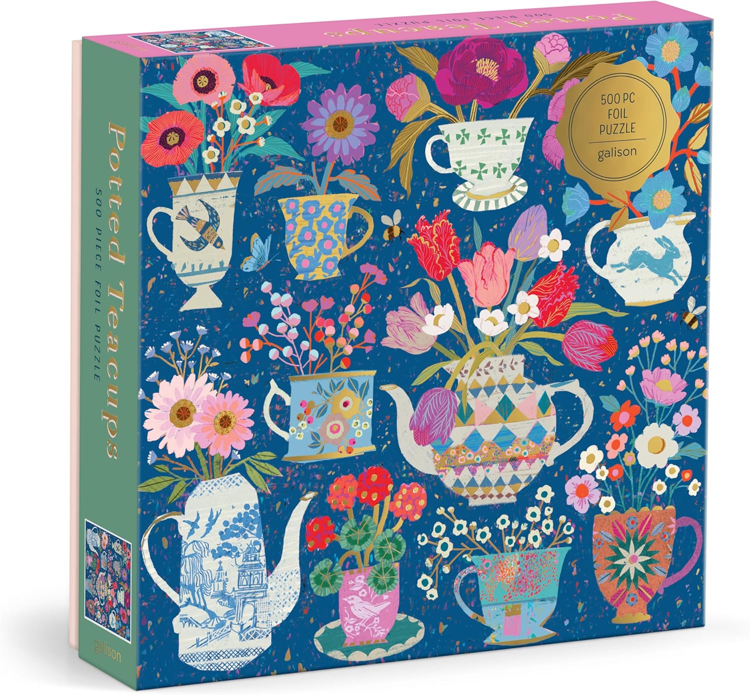 Potted Teacups – 500 Piece Foil Jigsaw Puzzle Featuring Beautiful Artwork Of Potted Teacups With Floral Background