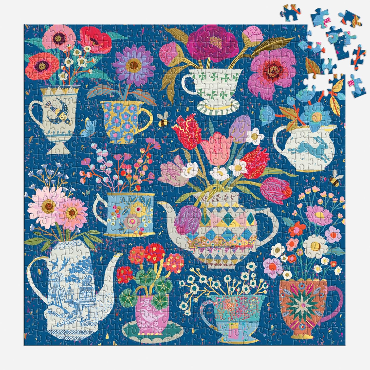Potted Teacups – 500 Piece Foil Jigsaw Puzzle Featuring Beautiful Artwork Of Potted Teacups With Floral Background
