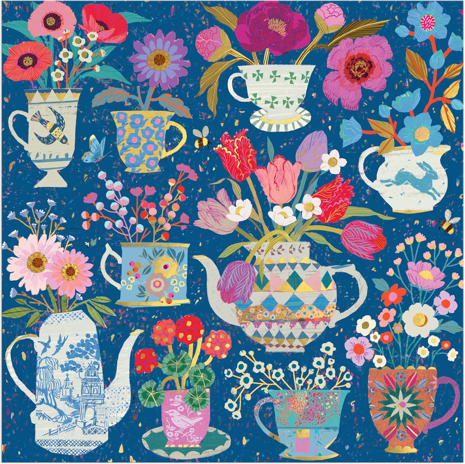 Potted Teacups – 500 Piece Foil Jigsaw Puzzle Featuring Beautiful Artwork Of Potted Teacups With Floral Background