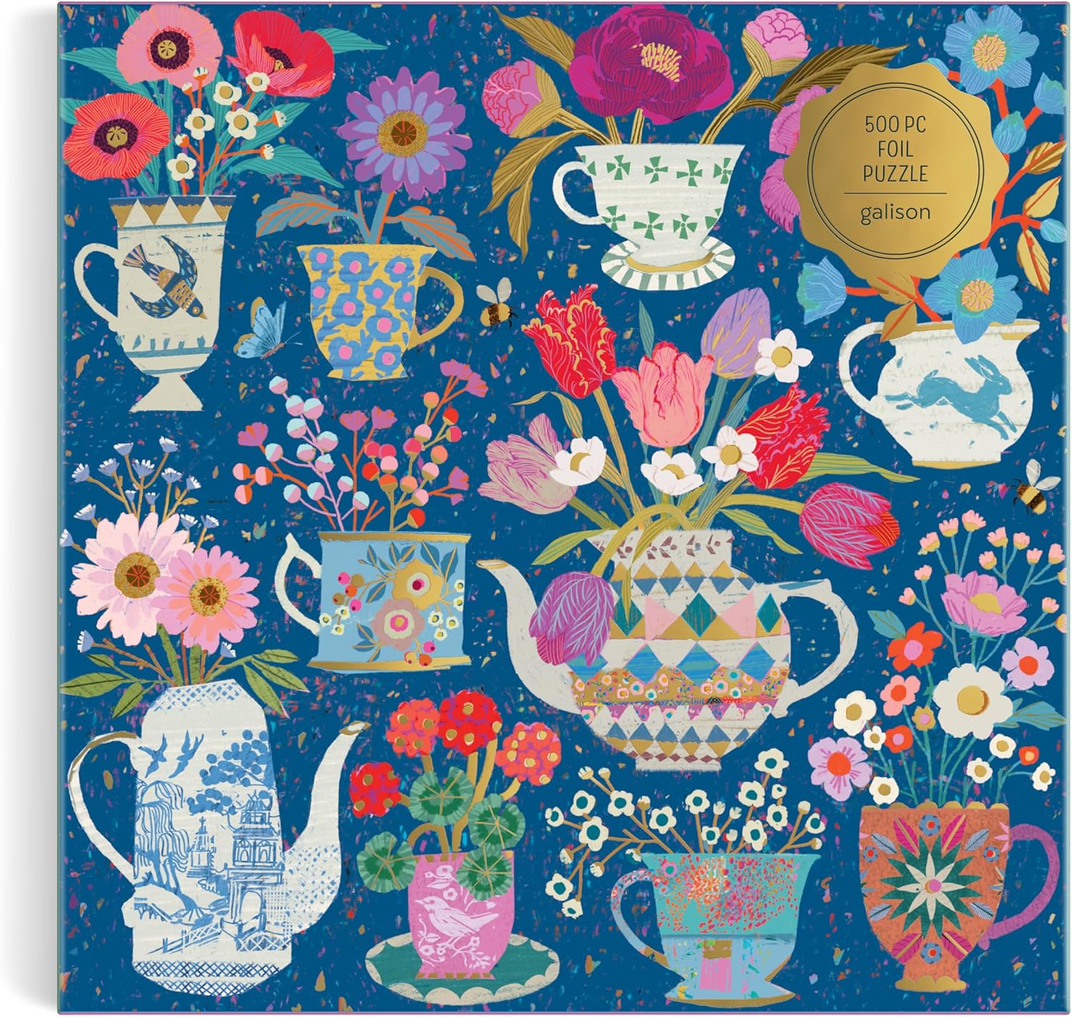 Potted Teacups – 500 Piece Foil Jigsaw Puzzle Featuring Beautiful Artwork Of Potted Teacups With Floral Background
